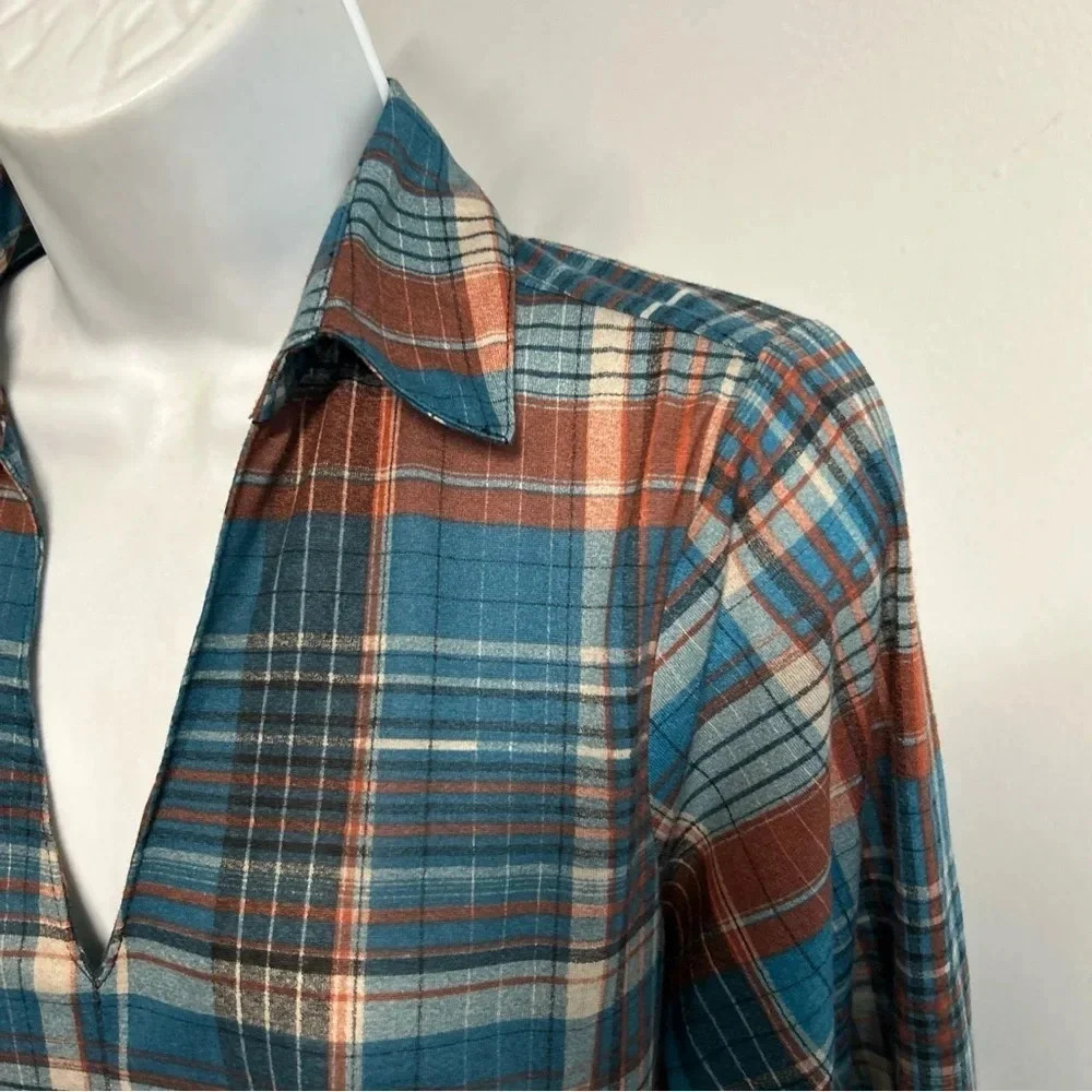 Women's Small Plaid V Neck Popover Flannel Shirt Bow‎ Colorful Cowgirl Autumn - Picture 3 of 14
